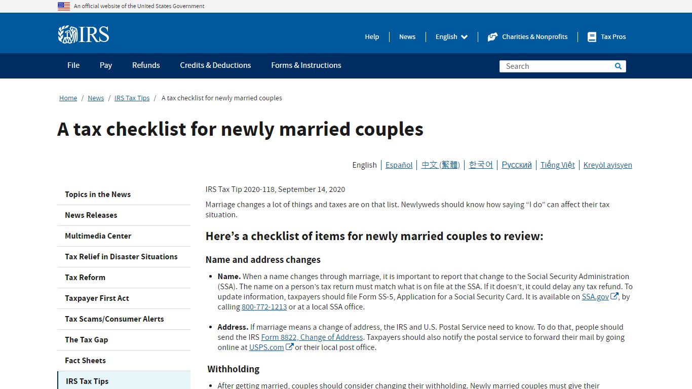 A tax checklist for newly married couples - IRS tax forms